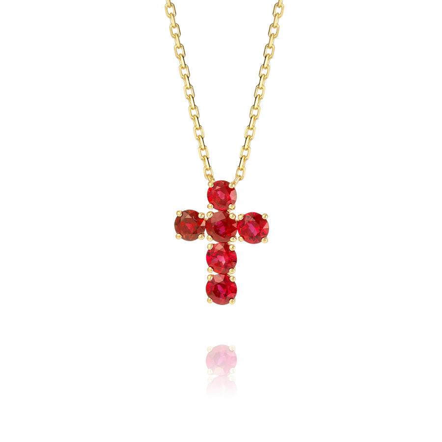 Large Red Ruby Cross Pendant Yellow Gold