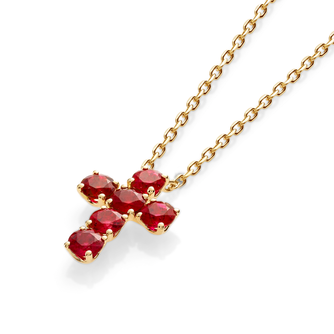 Large Red Ruby Cross Pendant Yellow Gold