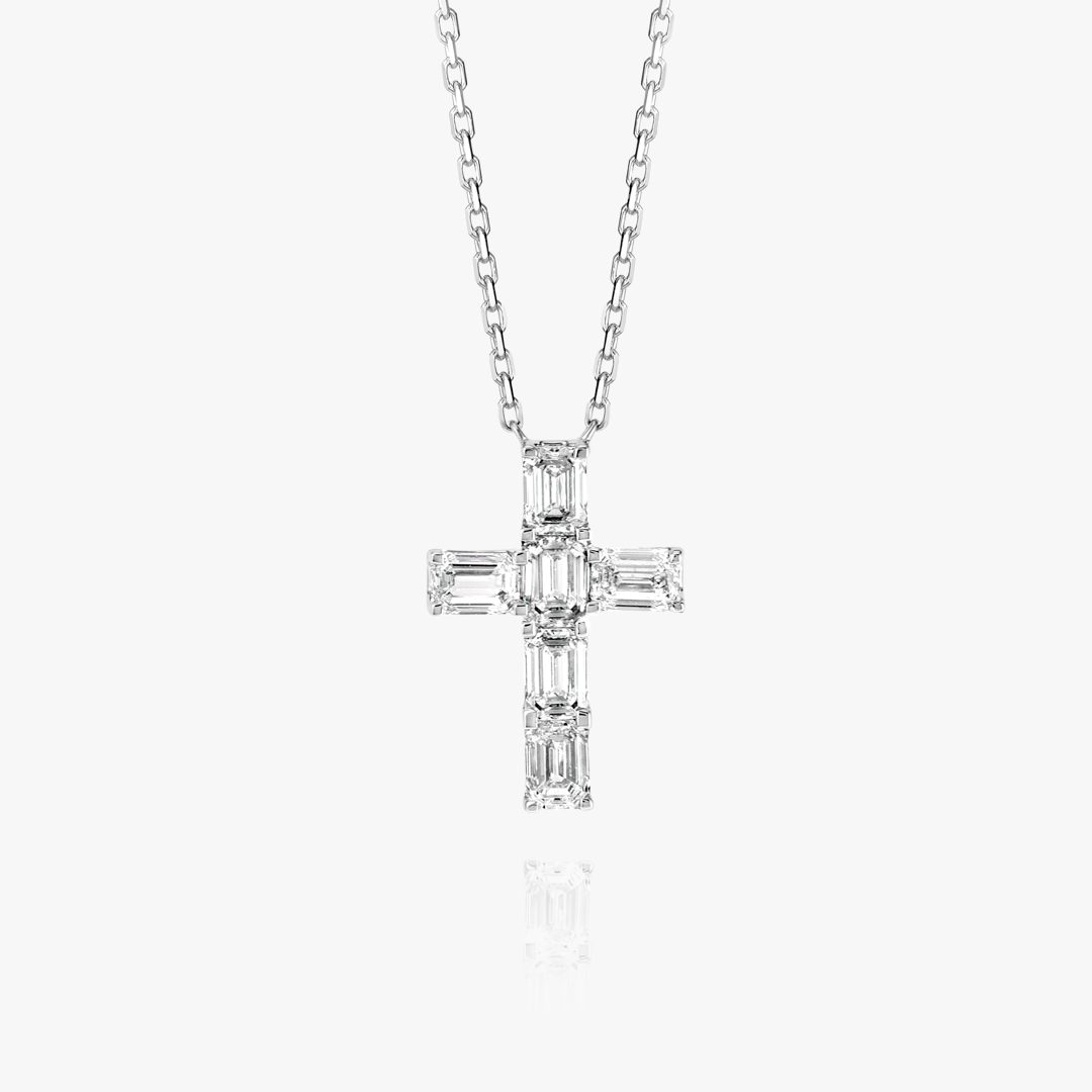 Small Emerald Cut Natural Diamond Cross Pendant White Gold