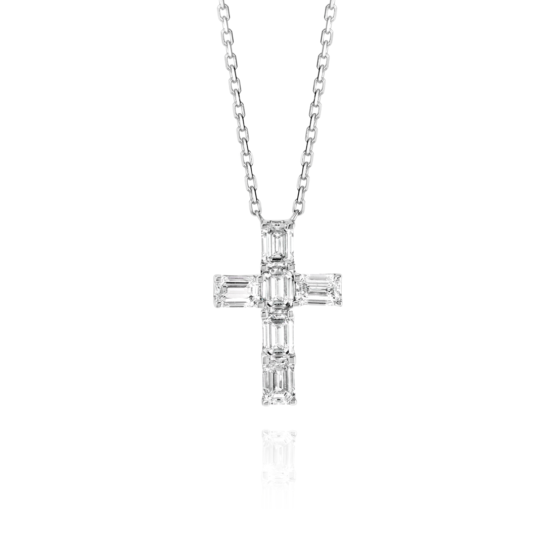 Medium Emerald Cut Natural Diamond Cross Pendant White Gold