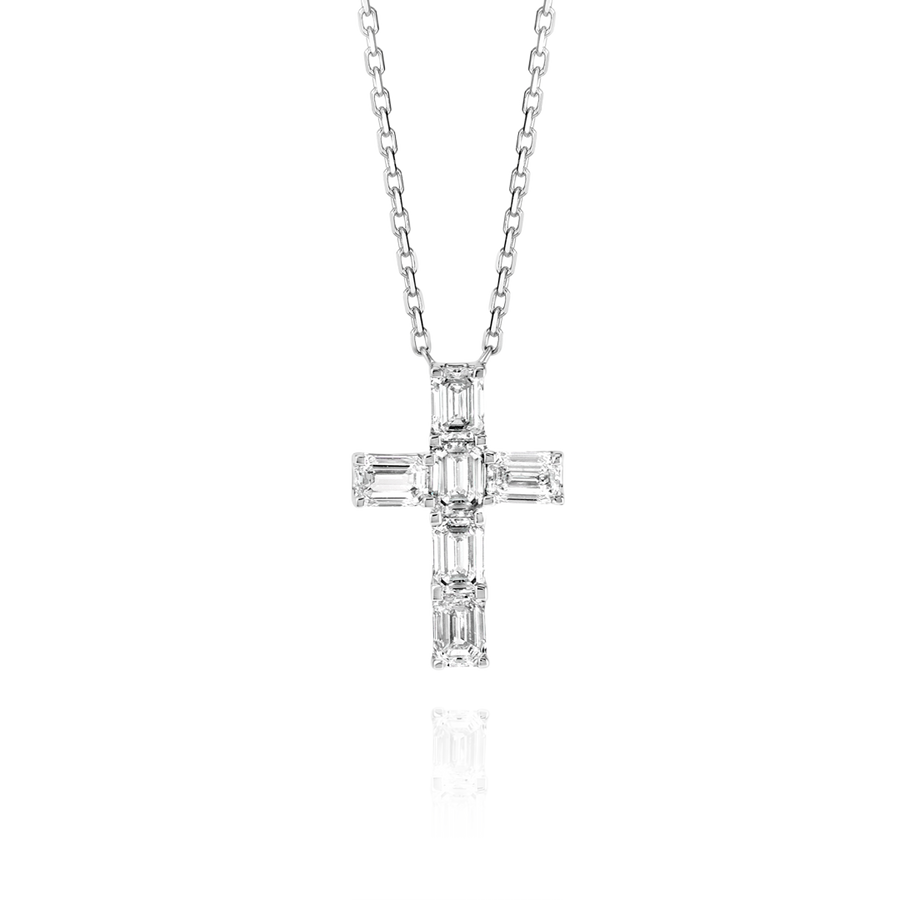 Medium Emerald Cut Natural Diamond Cross Pendant White Gold