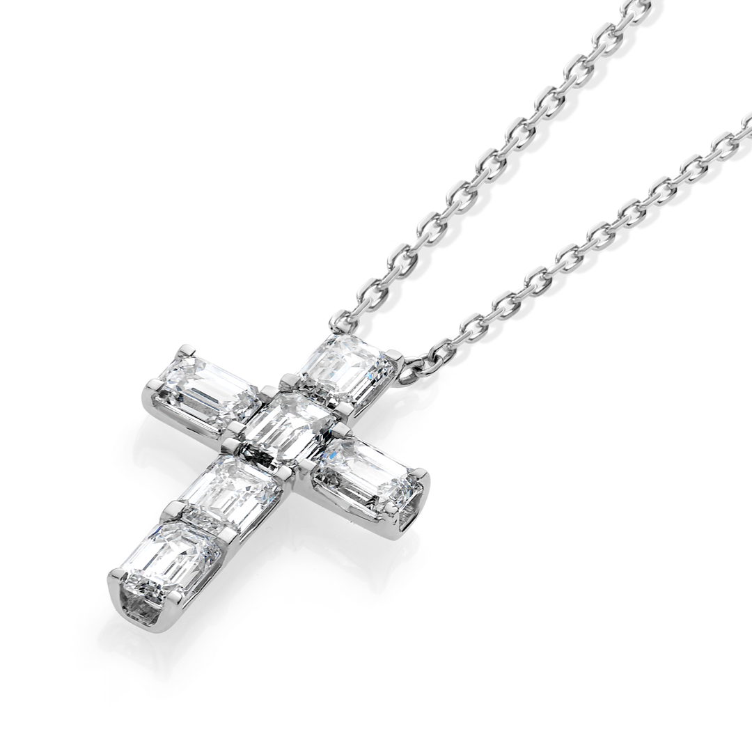 Medium Emerald Cut Natural Diamond Cross Pendant White Gold