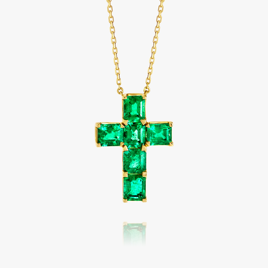 Large Emerald Cut Green Emerald Cross Pendant White Gold