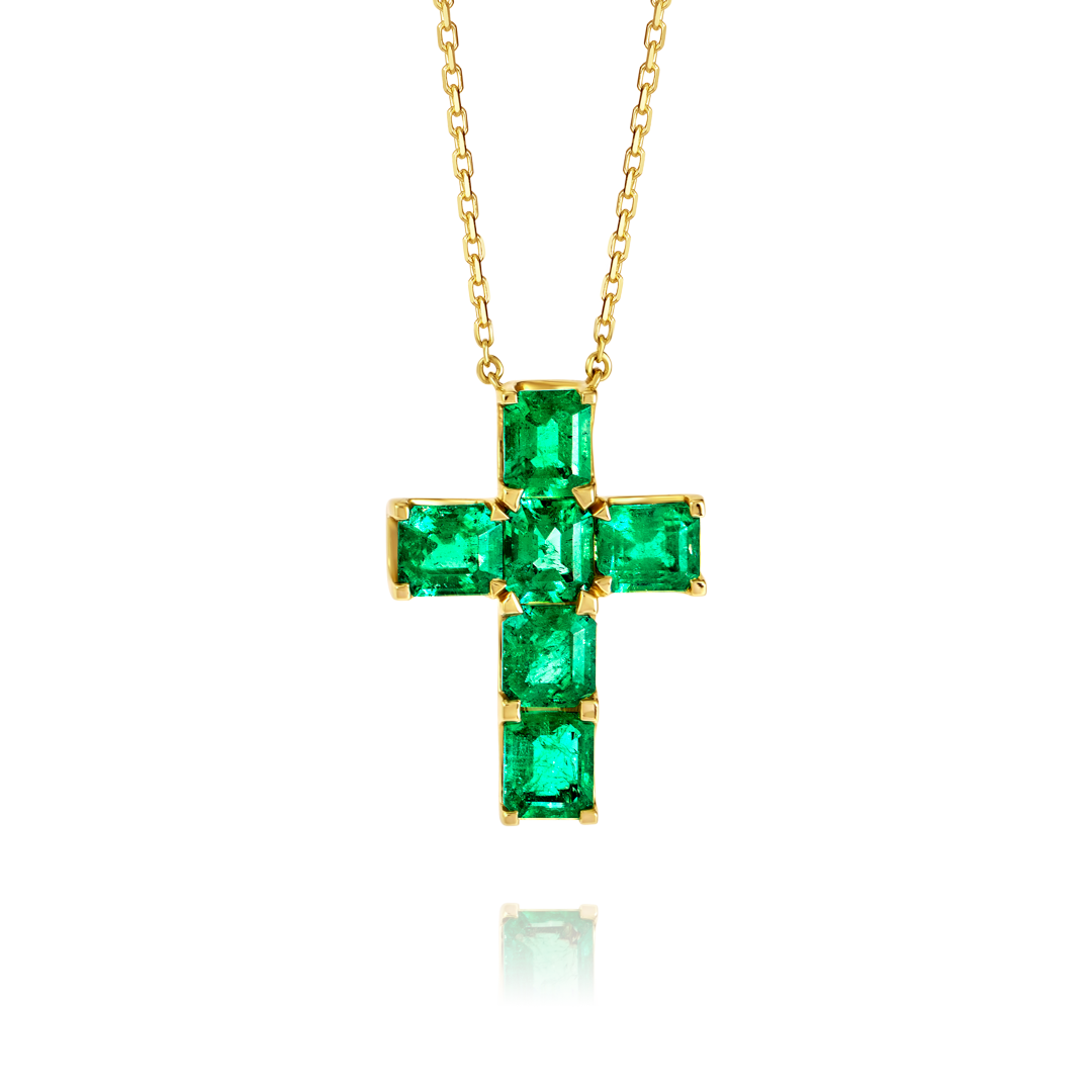 Medium Emerald Cut Green Emerald Cross Pendant White Gold