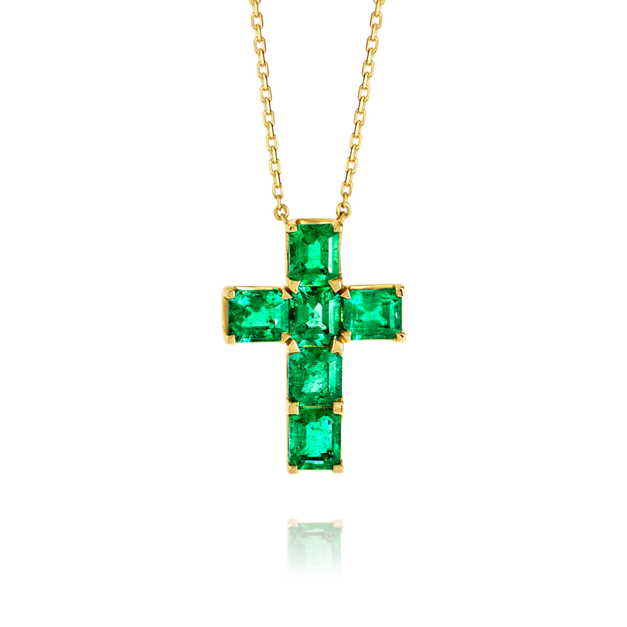 Medium Emerald Cut Green Emerald Cross Pendant White Gold