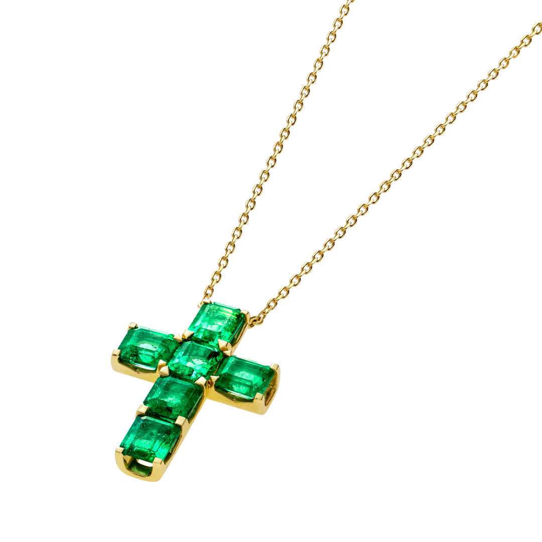 Medium Emerald Cut Green Emerald Cross Pendant White Gold