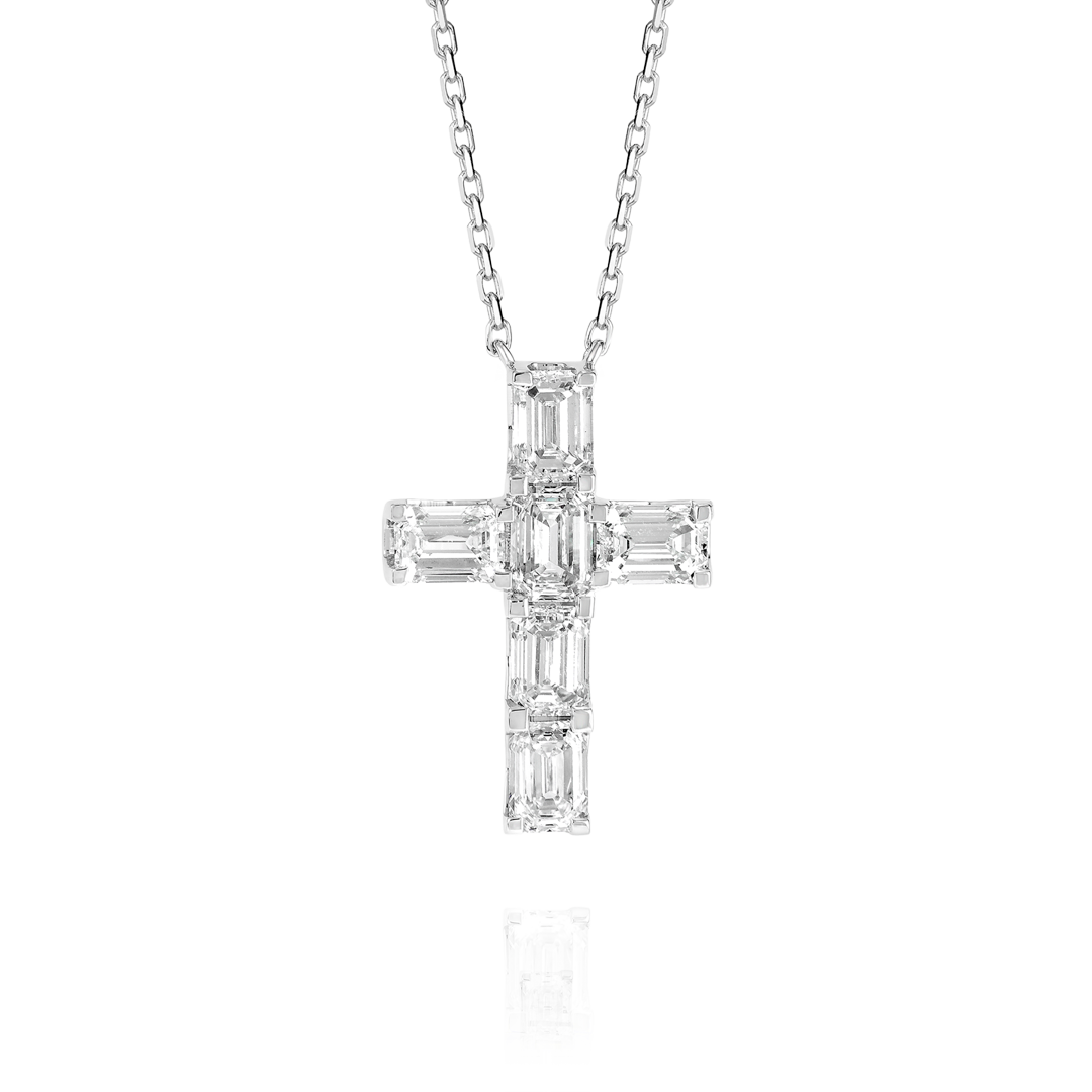 Medium Emerald Cut Natural Diamond Cross Pendant White Gold