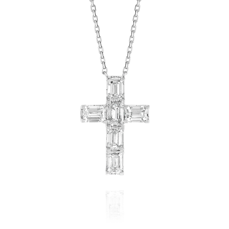 Medium Emerald Cut Natural Diamond Cross Pendant White Gold