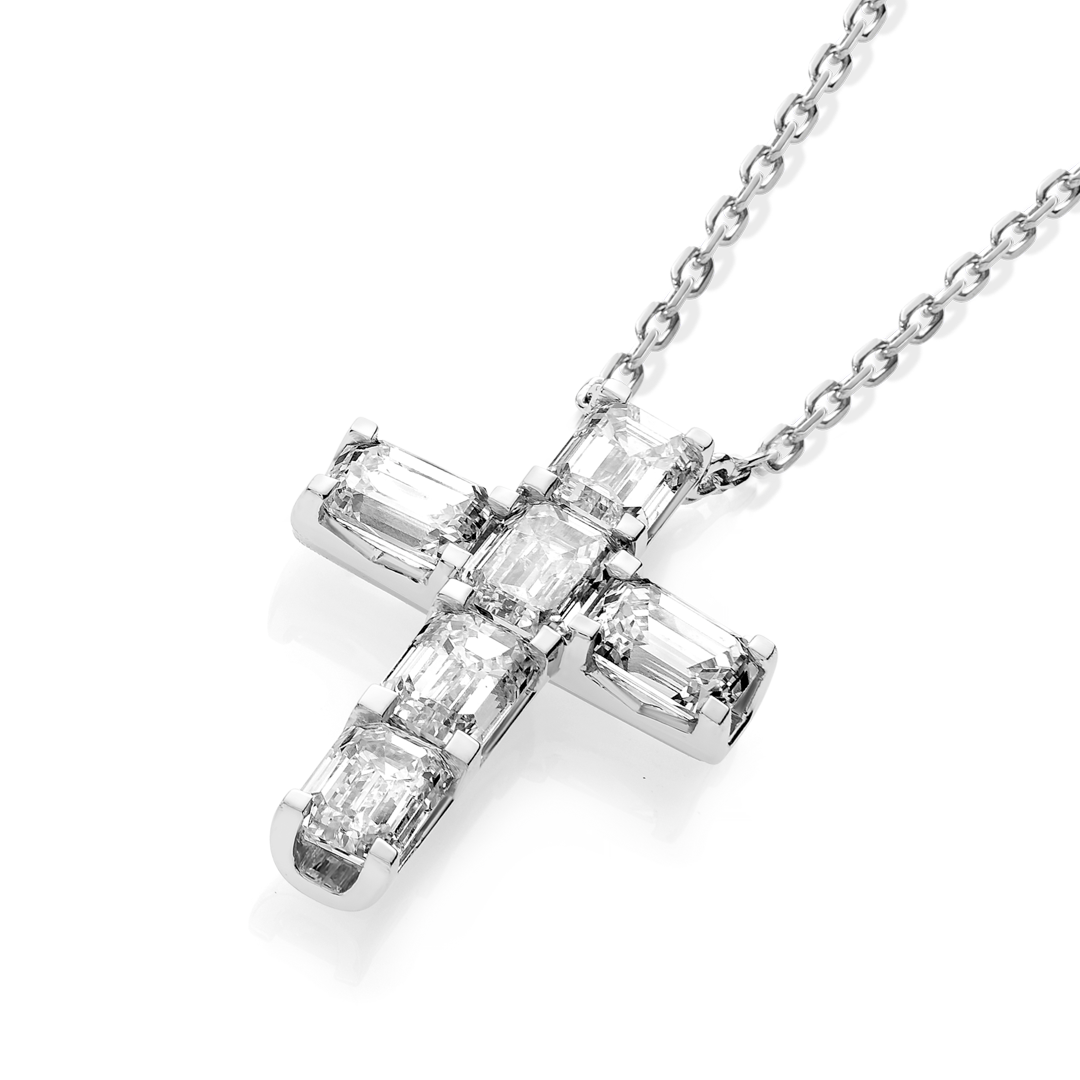 Medium Emerald Cut Natural Diamond Cross Pendant White Gold