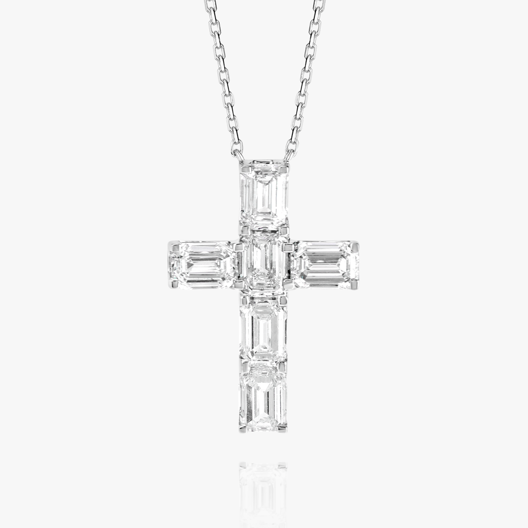 Large Emerald Cut Lab-Grown Diamond Cross Pendant White Gold