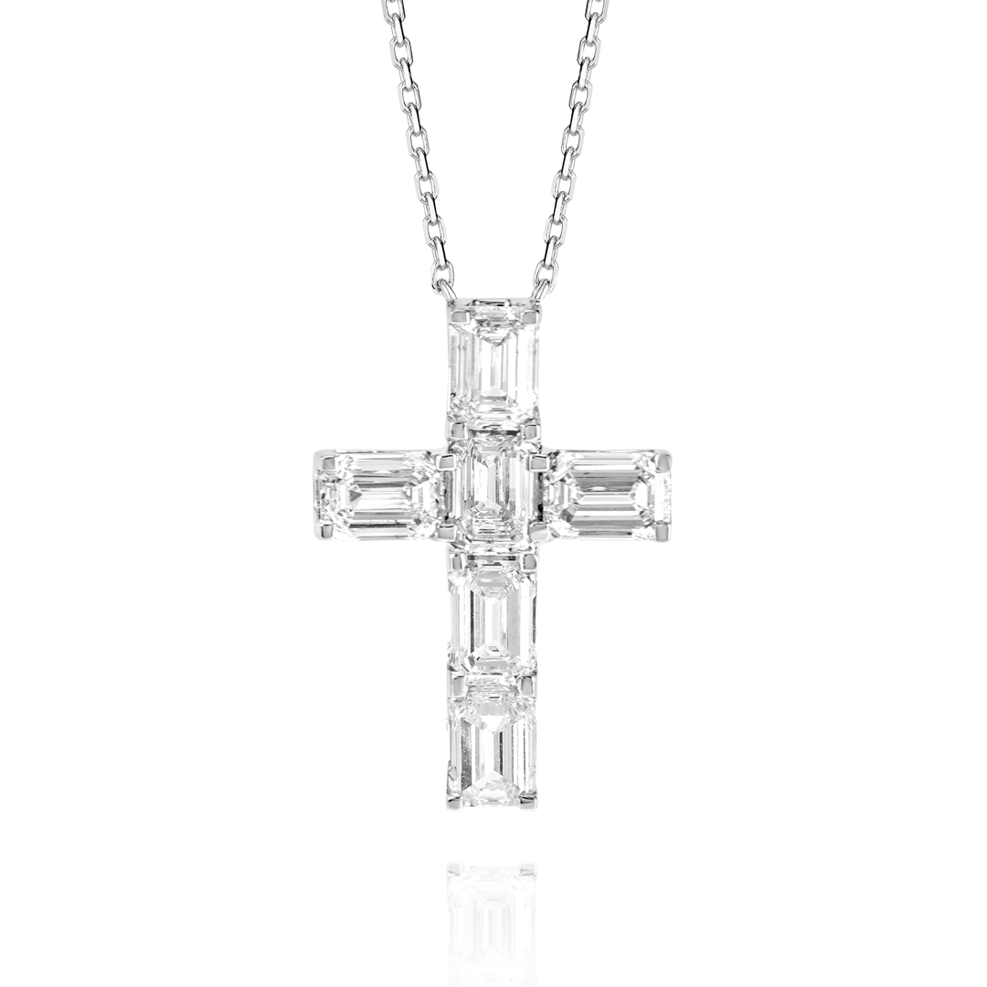 Large Emerald Cut Natural Diamond Cross Pendant White Gold