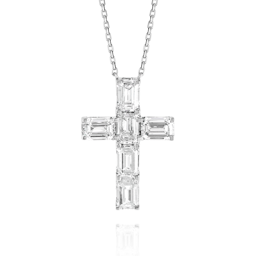 Large Emerald Cut Natural Diamond Cross Pendant White Gold