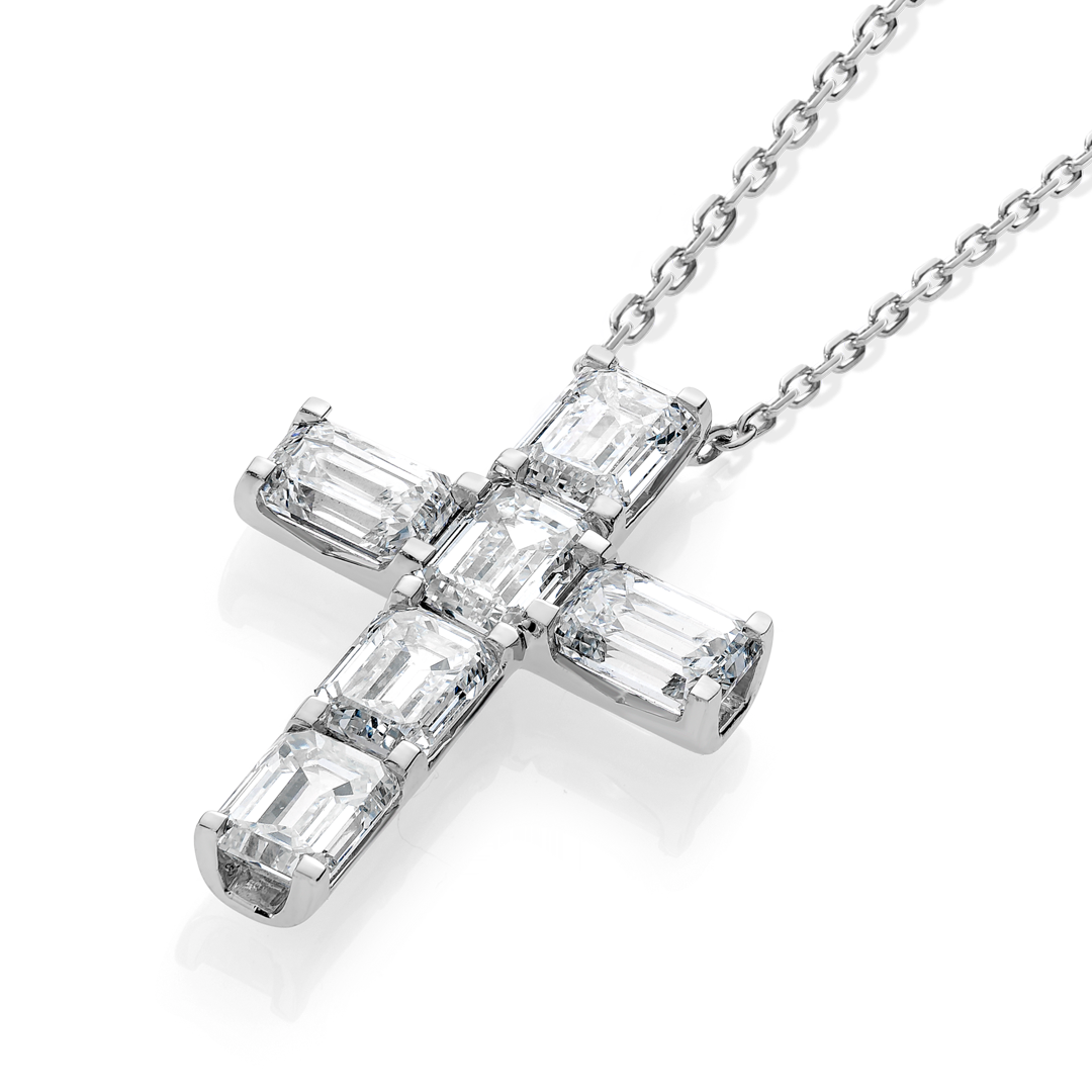 Large Emerald Cut Natural Diamond Cross Pendant White Gold