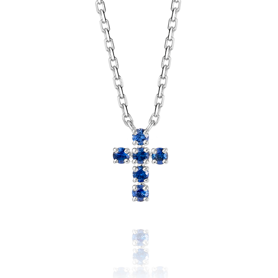 Extra Small Blue Sapphire Cross Pendant White Gold