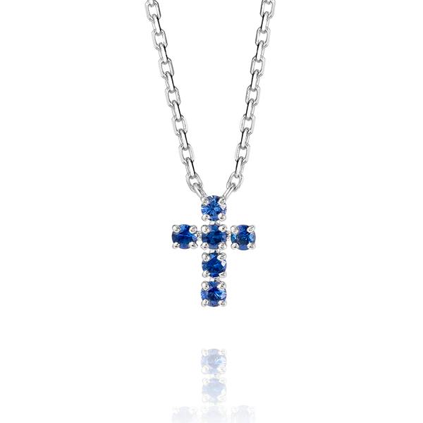 Extra Small Blue Sapphire Cross Pendant White Gold