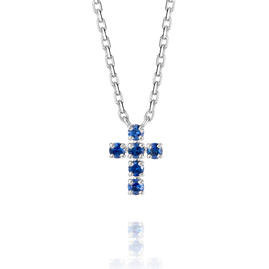 Extra Small Blue Sapphire Cross Pendant White Gold
