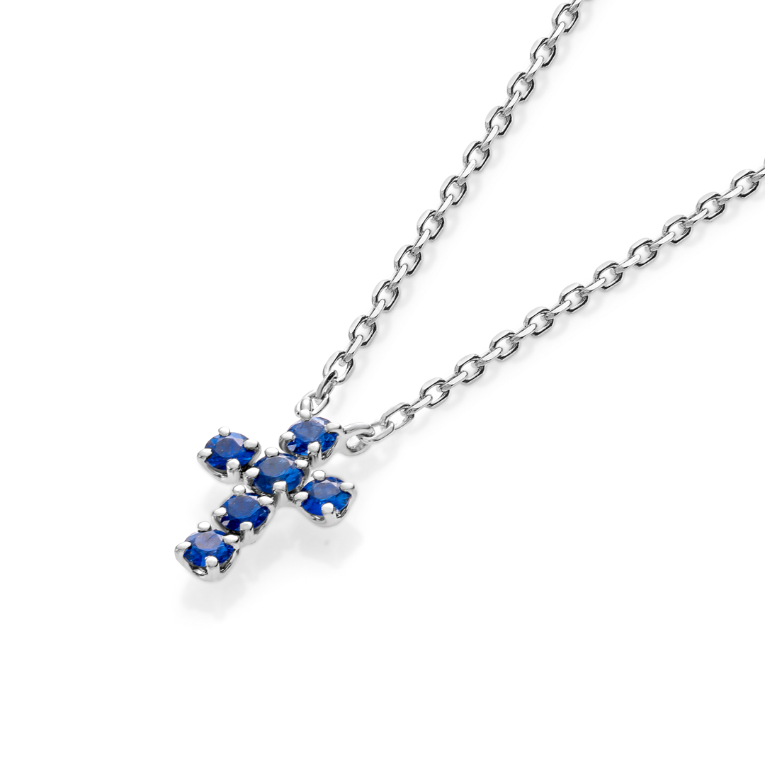 Extra Small Blue Sapphire Cross Pendant White Gold