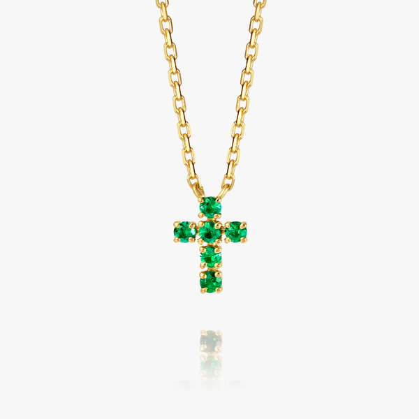Extra Small Green Emerald Cross Pendant Yellow Gold