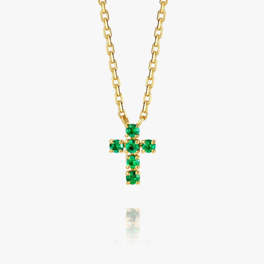 Extra Small Green Emerald Cross Pendant Yellow Gold