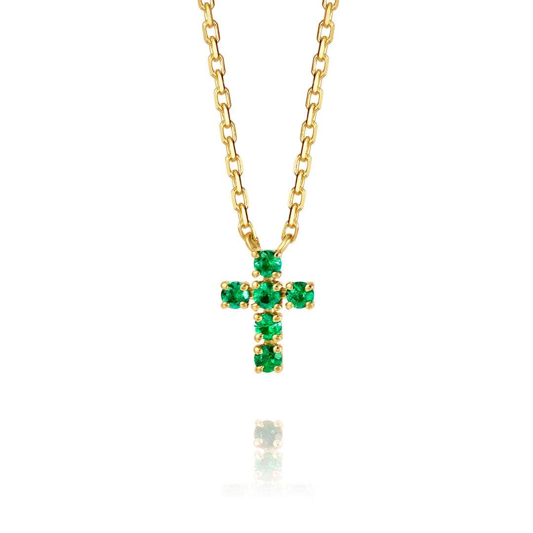 Extra Small Green Emerald Cross Pendant Yellow Gold