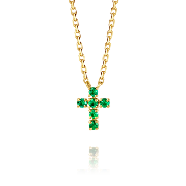 Extra Small Green Emerald Cross Pendant Yellow Gold
