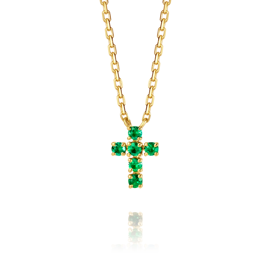 Extra Small Green Emerald Cross Pendant Yellow Gold