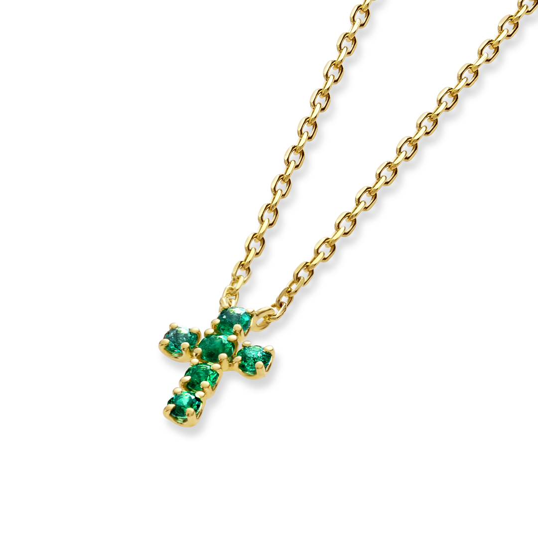 Extra Small Green Emerald Cross Pendant Yellow Gold