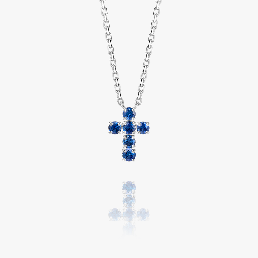 Small Blue Sapphire Cross Pendant White Gold