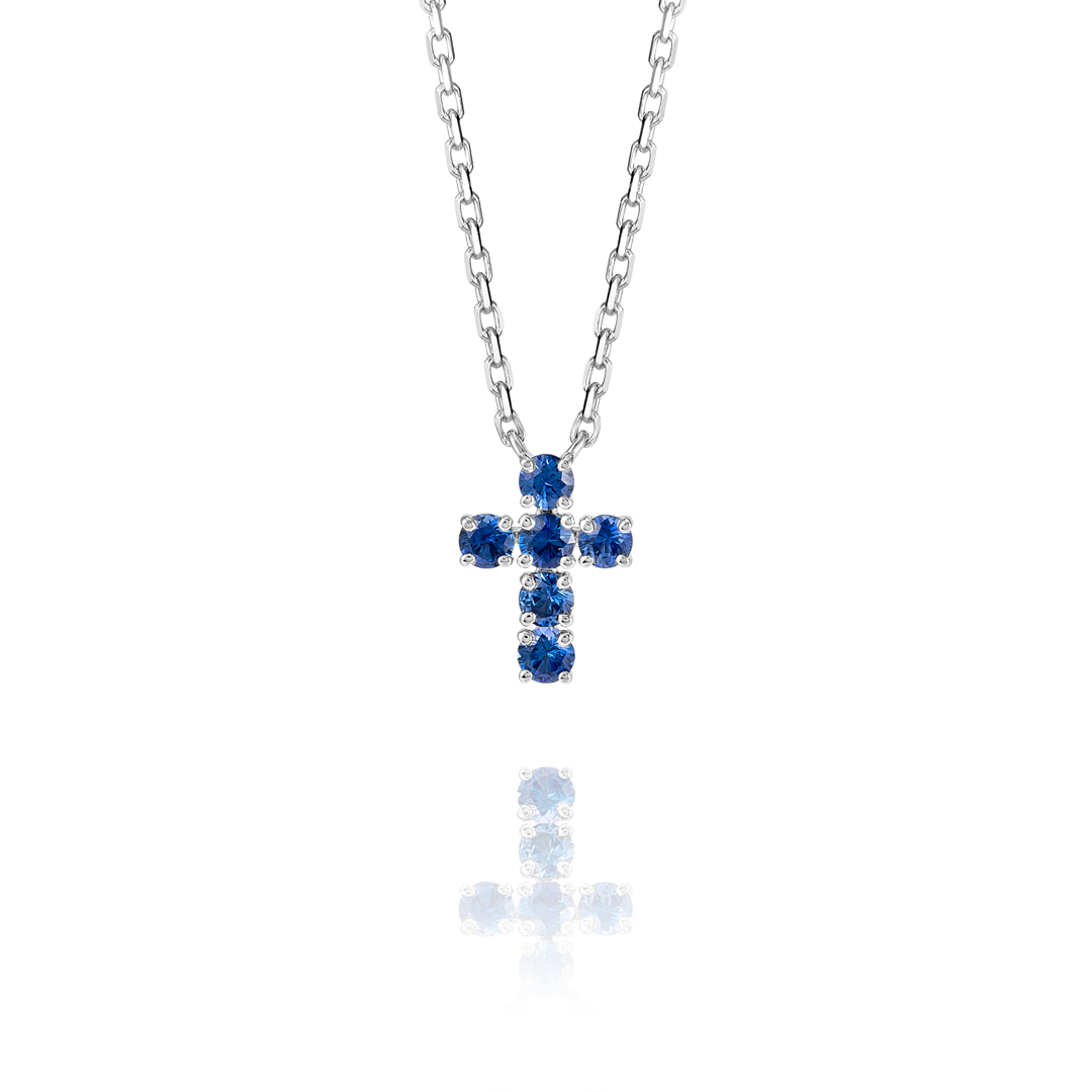 Small Blue Sapphire Cross Pendant White Gold