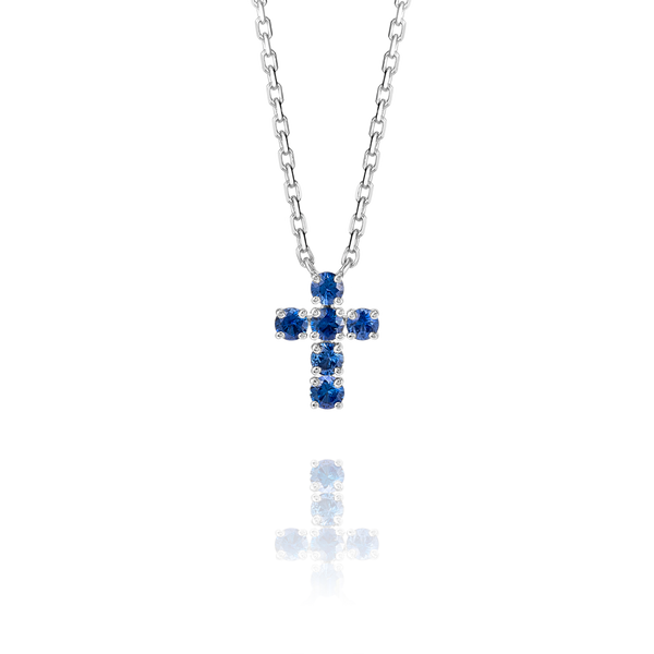 Small Blue Sapphire Cross Pendant White Gold