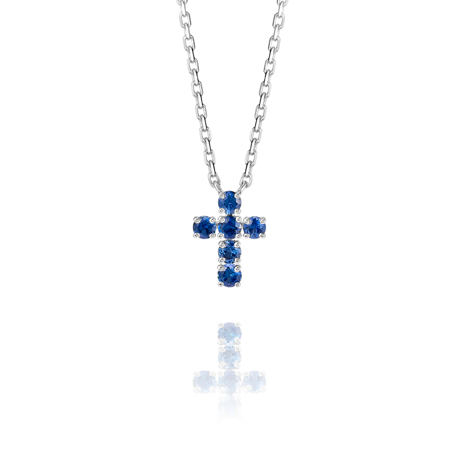 Small Blue Sapphire Cross Pendant White Gold