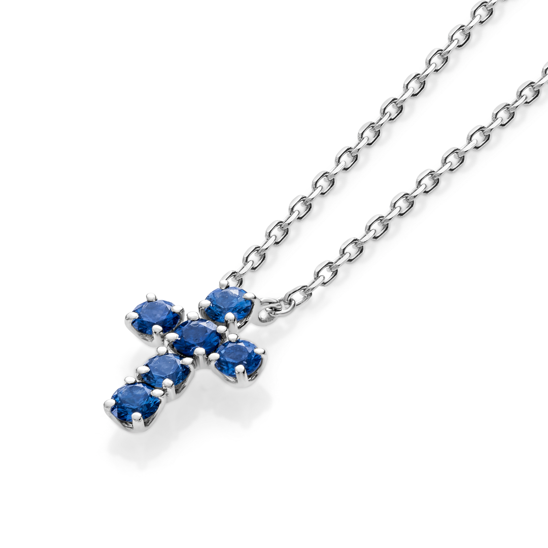 Small Blue Sapphire Cross Pendant White Gold