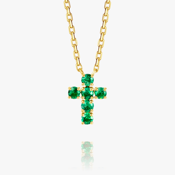 Small Green Emerald Cross Pendant Yellow Gold