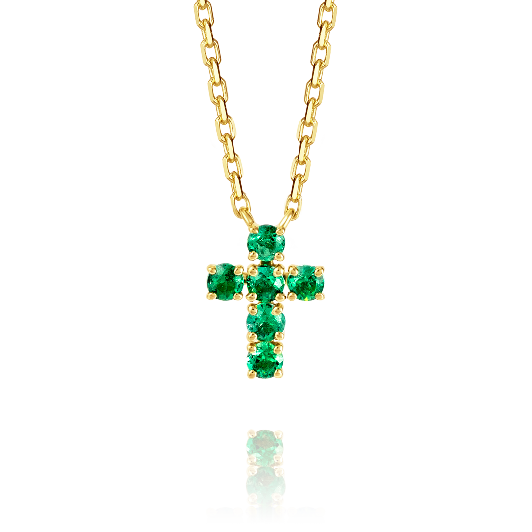 Small Green Emerald Cross Pendant Yellow Gold