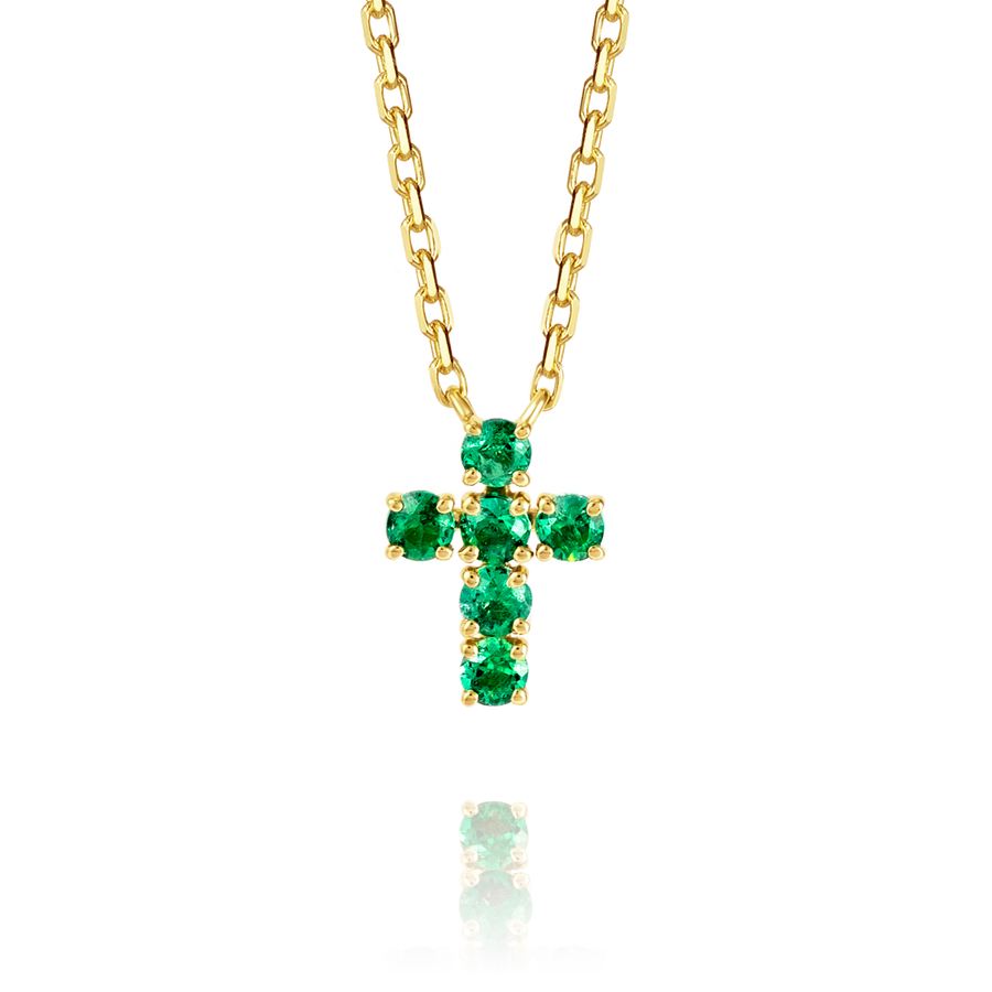 Small Green Emerald Cross Pendant Yellow Gold