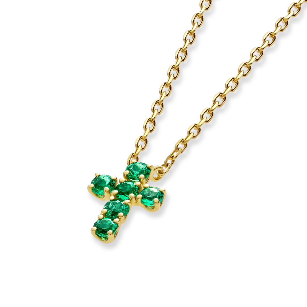 Small Green Emerald Cross Pendant Yellow Gold