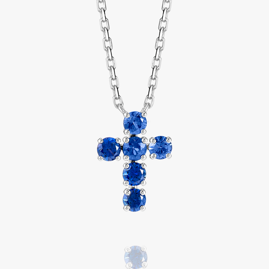 Medium Blue Sapphire Cross Pendant White Gold