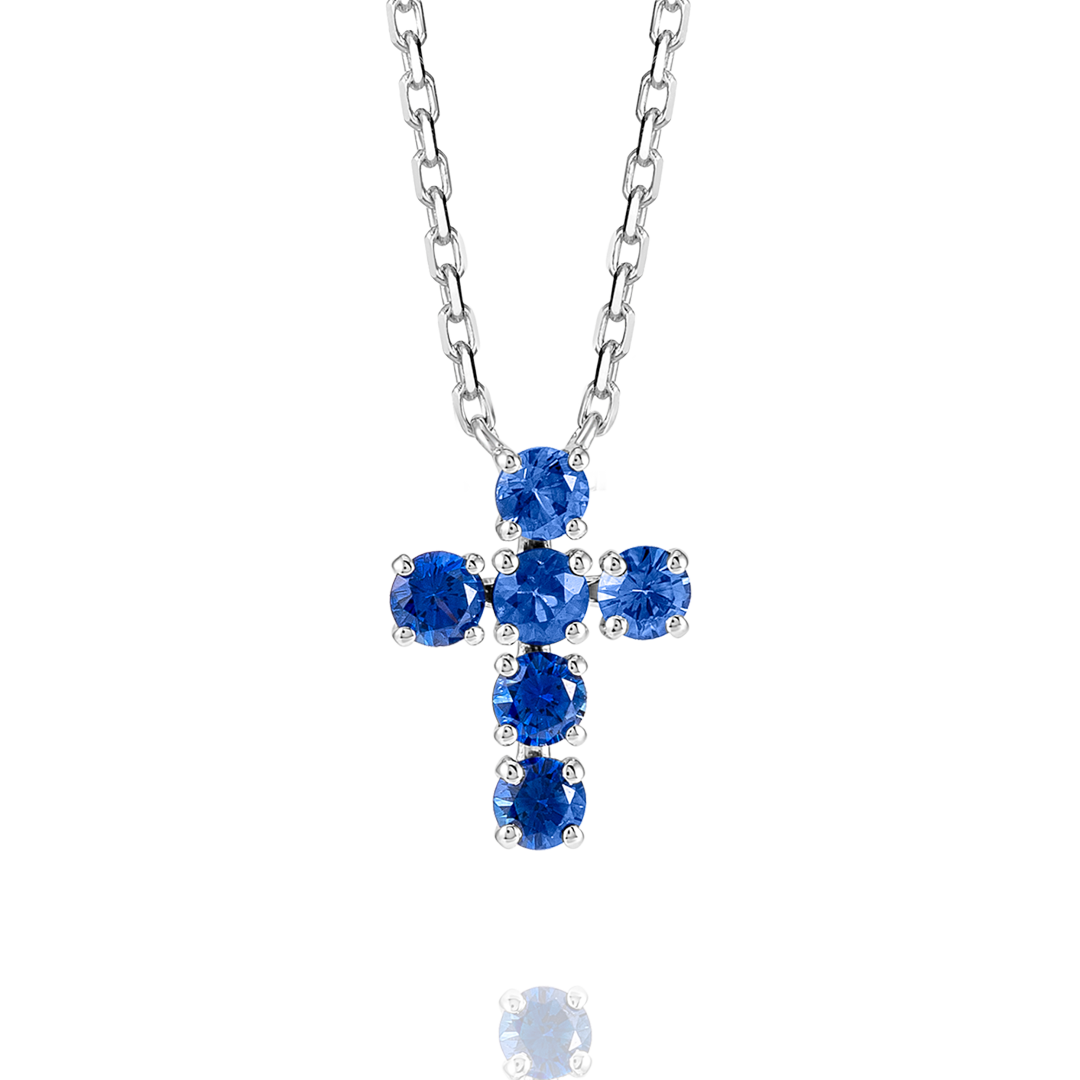Medium Blue Sapphire Cross Pendant White Gold