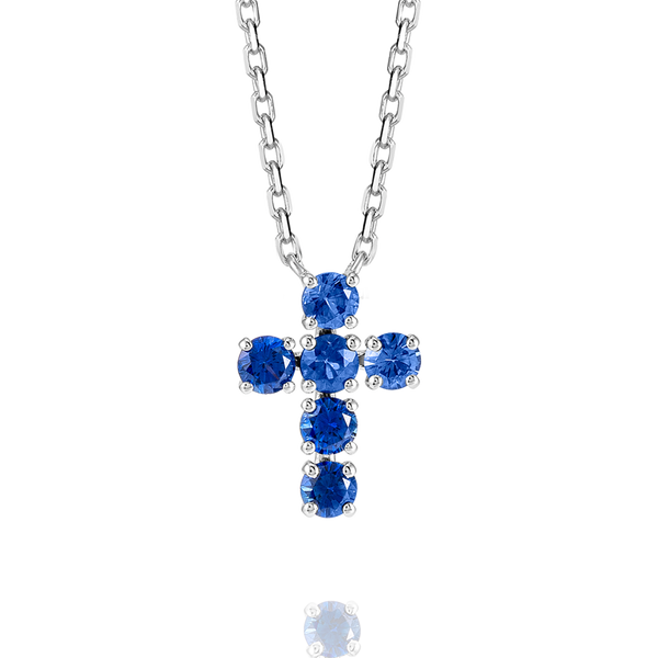 Medium Blue Sapphire Cross Pendant White Gold