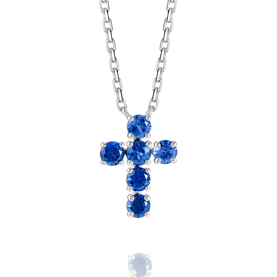 Medium Blue Sapphire Cross Pendant White Gold