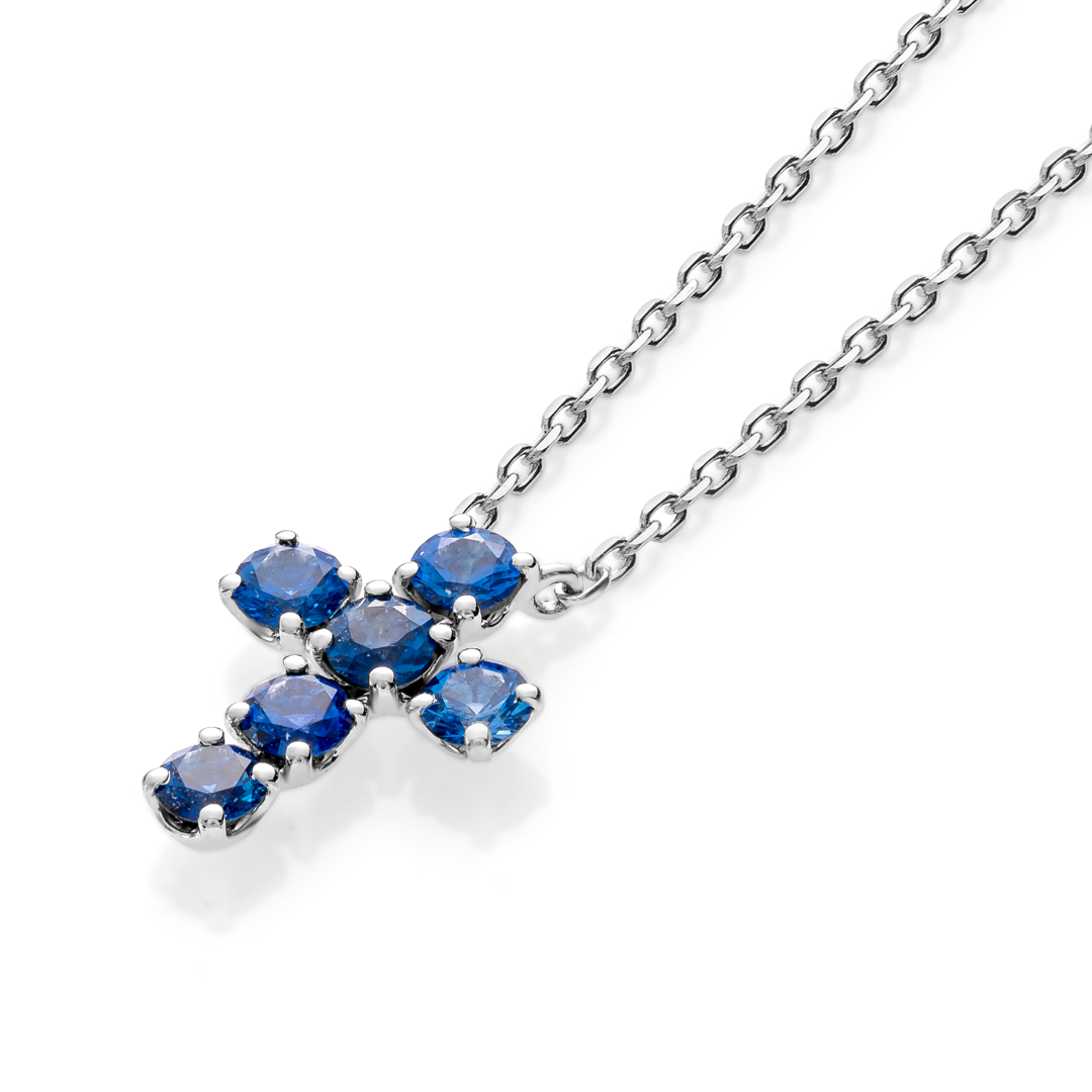 Medium Blue Sapphire Cross Pendant White Gold