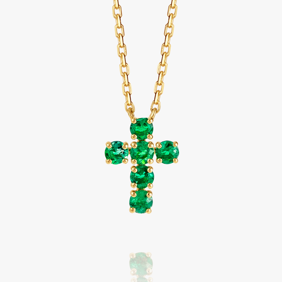 Medium Green Emerald Cross Pendant Yellow Gold