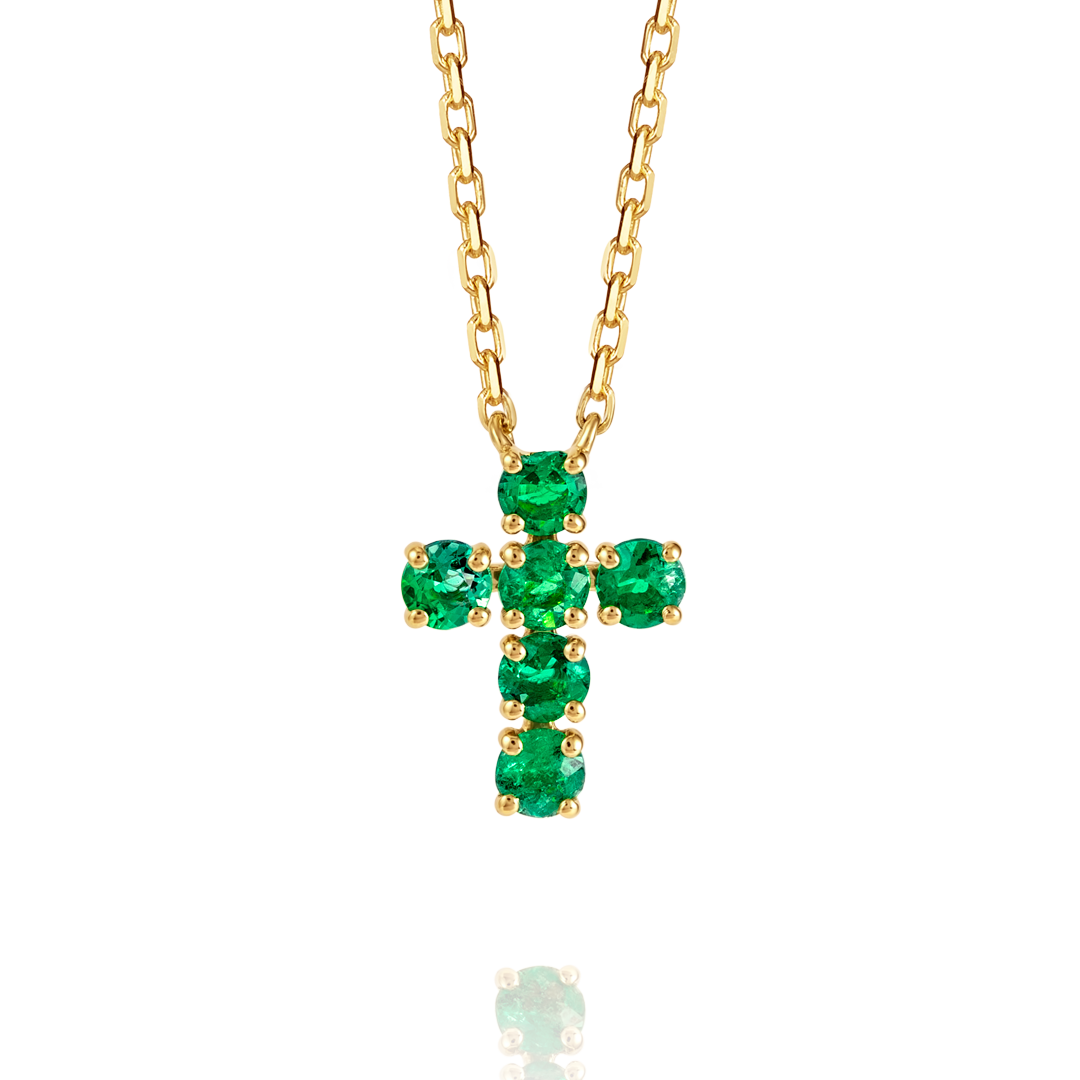 Medium Green Emerald Cross Pendant Yellow Gold