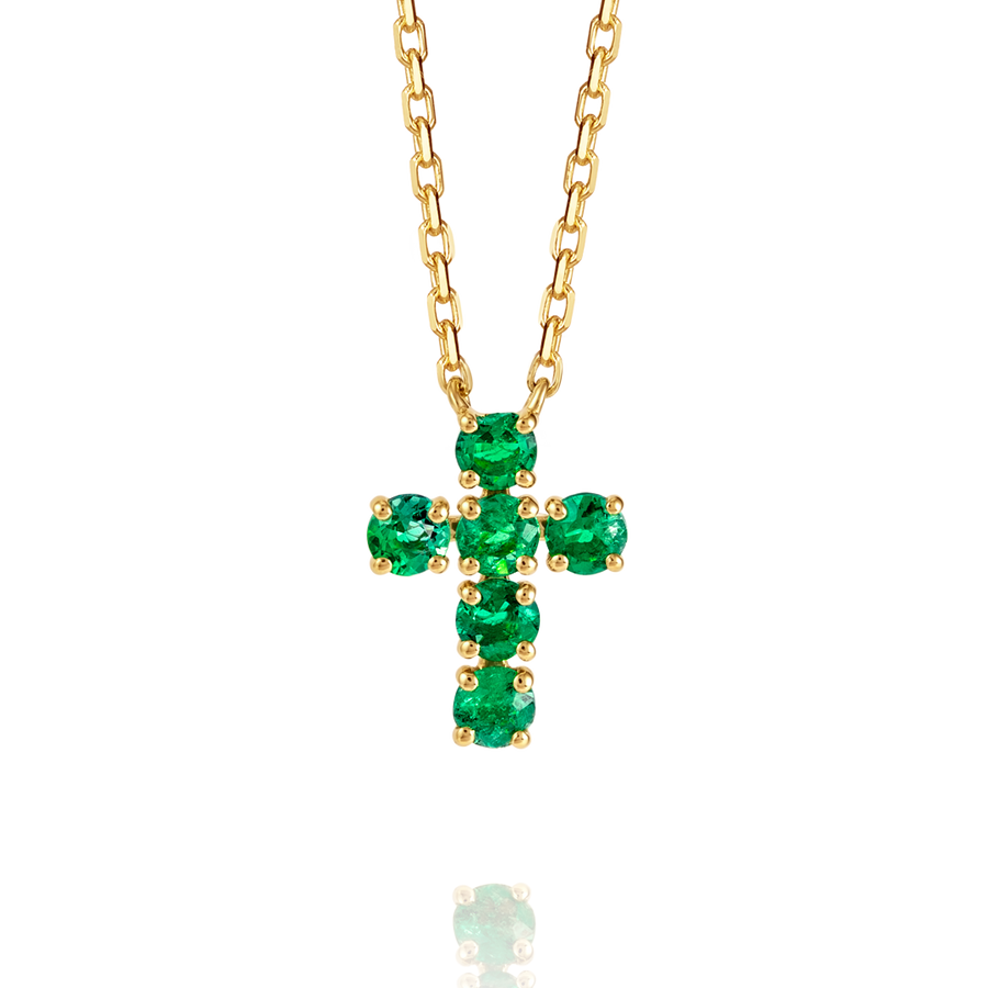 Medium Green Emerald Cross Pendant Yellow Gold