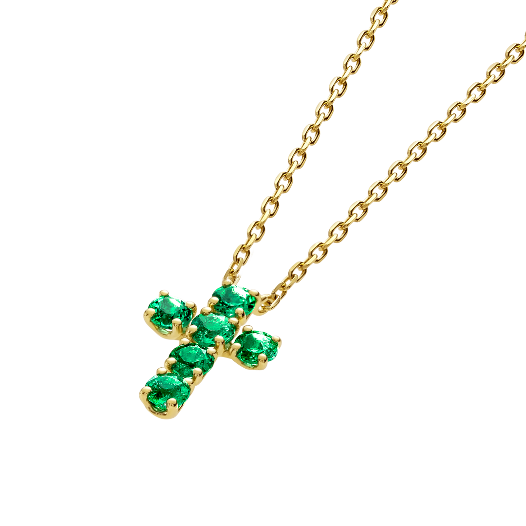 Medium Green Emerald Cross Pendant Yellow Gold