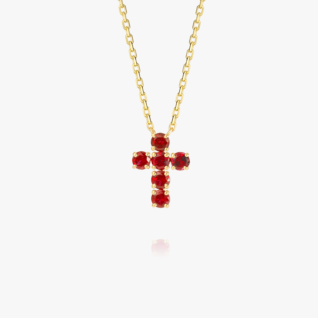 Medium Red Ruby Cross Pendant Yellow Gold