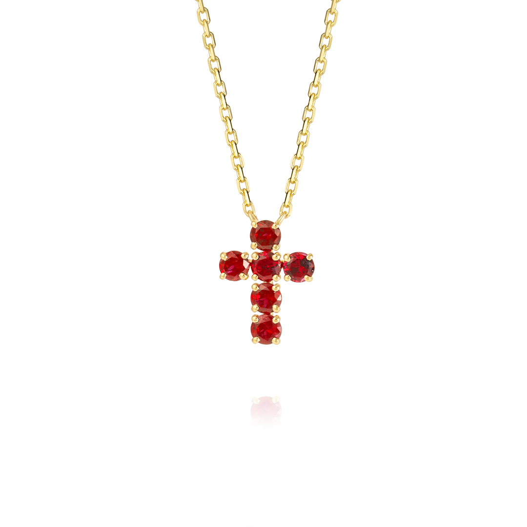 Medium Red Ruby Cross Pendant Yellow Gold