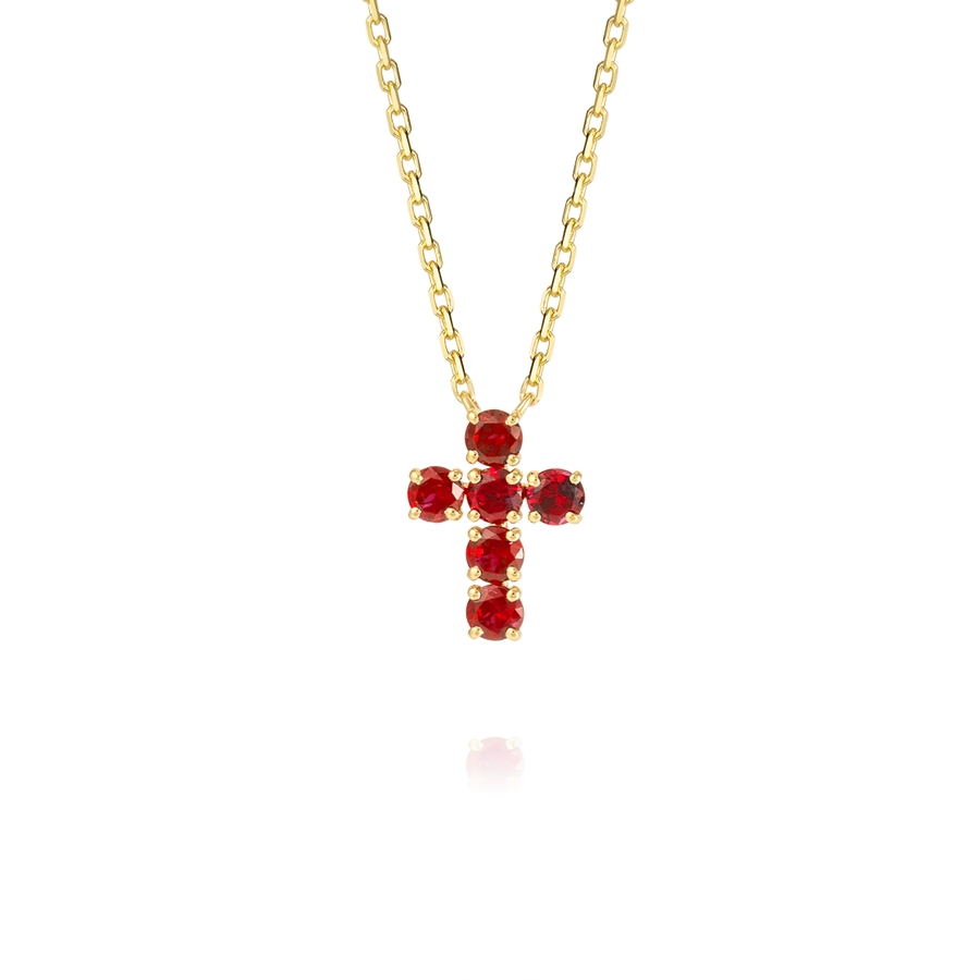 Medium Red Ruby Cross Pendant Yellow Gold