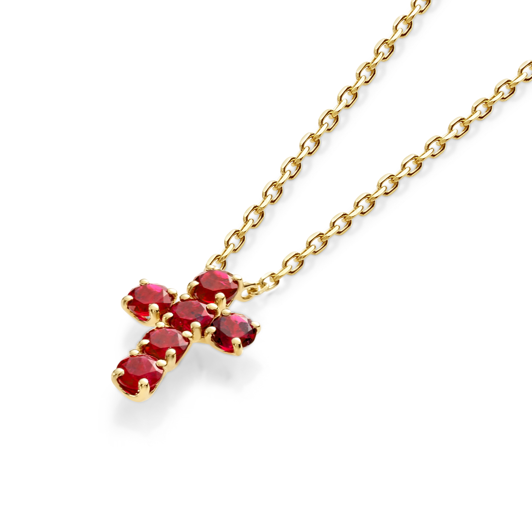 Medium Red Ruby Cross Pendant Yellow Gold