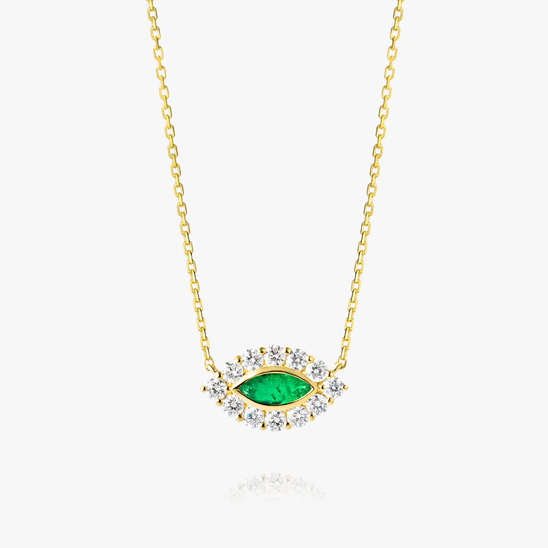 Marquise Evil Eye Colombian Emerald And Diamond Pendant Yellow Gold
